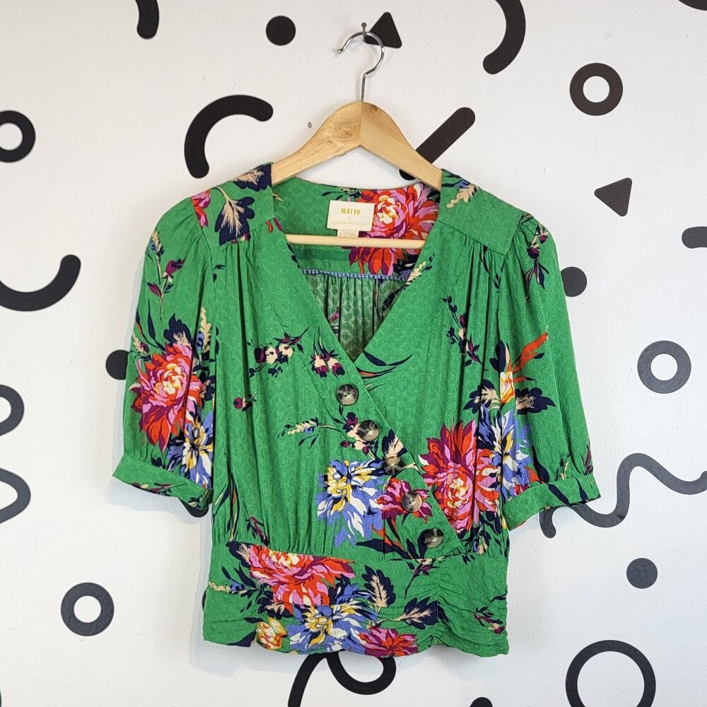 Maeve Green Floral Button Front Blouse, V-Neck Puff Sleeve Top, Vintage-Inspired